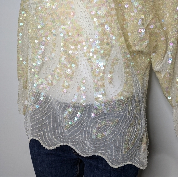 Vintage off white fully sequined & beaded 1/2 sleeve top S/M - Picture 2 of 10